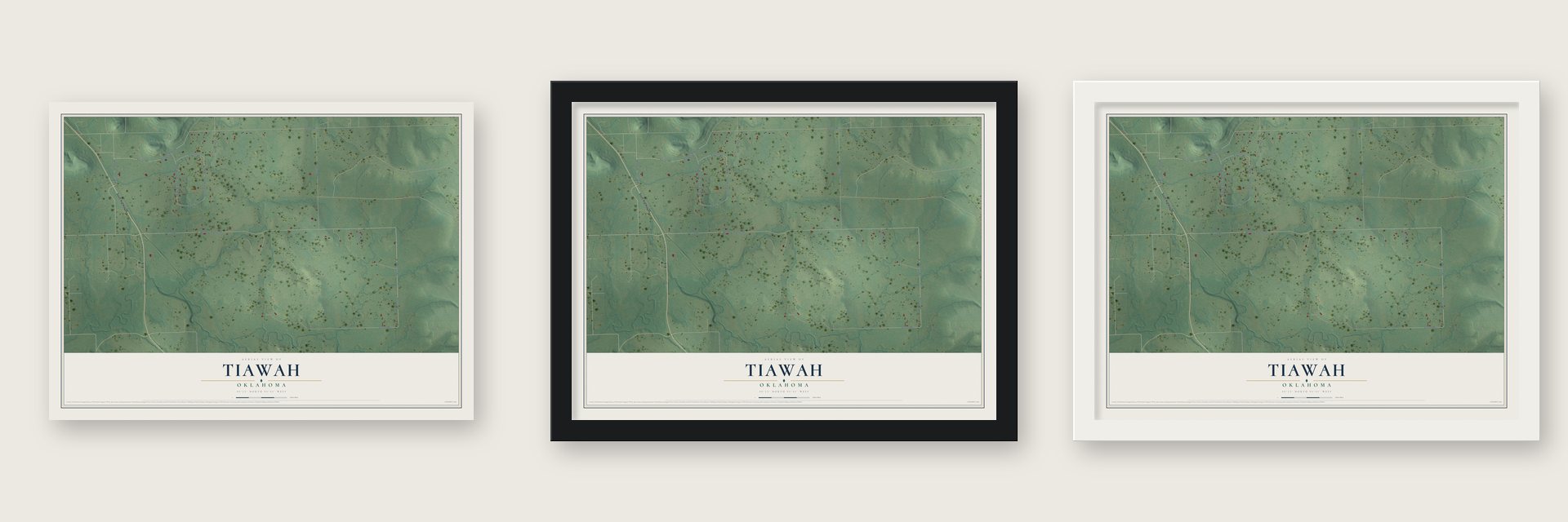 Tiawah, Oklahoma map unframed, in a black wood frame and in a white wood frame