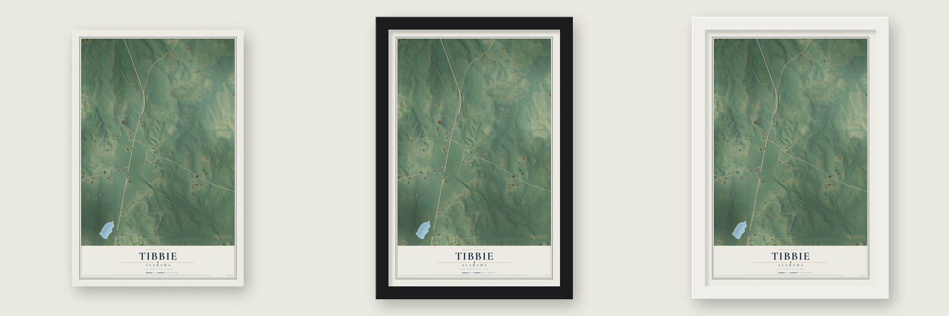 Tibbie, Alabama map unframed, in a black wood frame and in a white wood frame