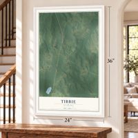 Tibbie, Alabama map, 24 x 36 inch print in a white frame by a staircase