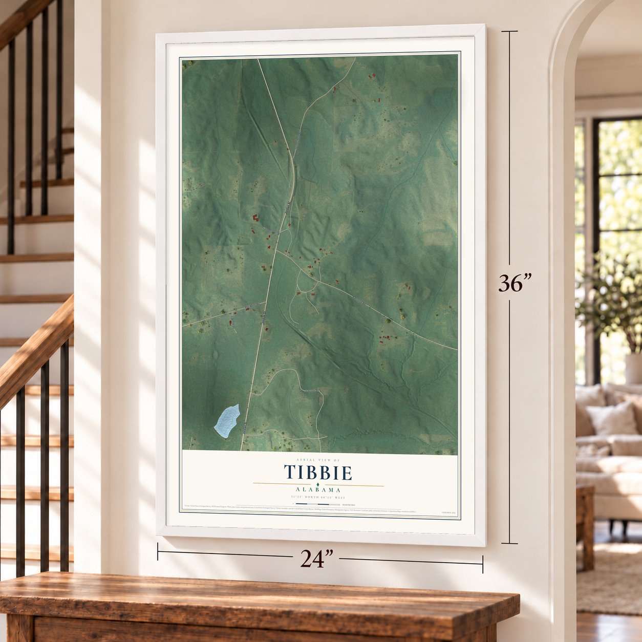 Tibbie, Alabama map, 24 x 36 inch print in a white frame by a staircase