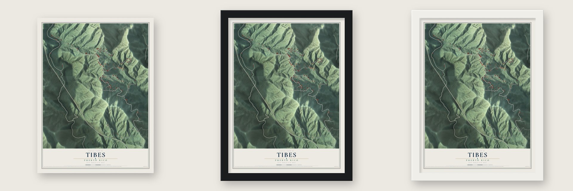 Tibes, Puerto Rico map unframed, in a black wood frame and in a white wood frame
