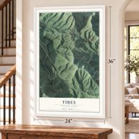 Tibes, Puerto Rico map, 24 x 36 inch print in a white frame by a staircase