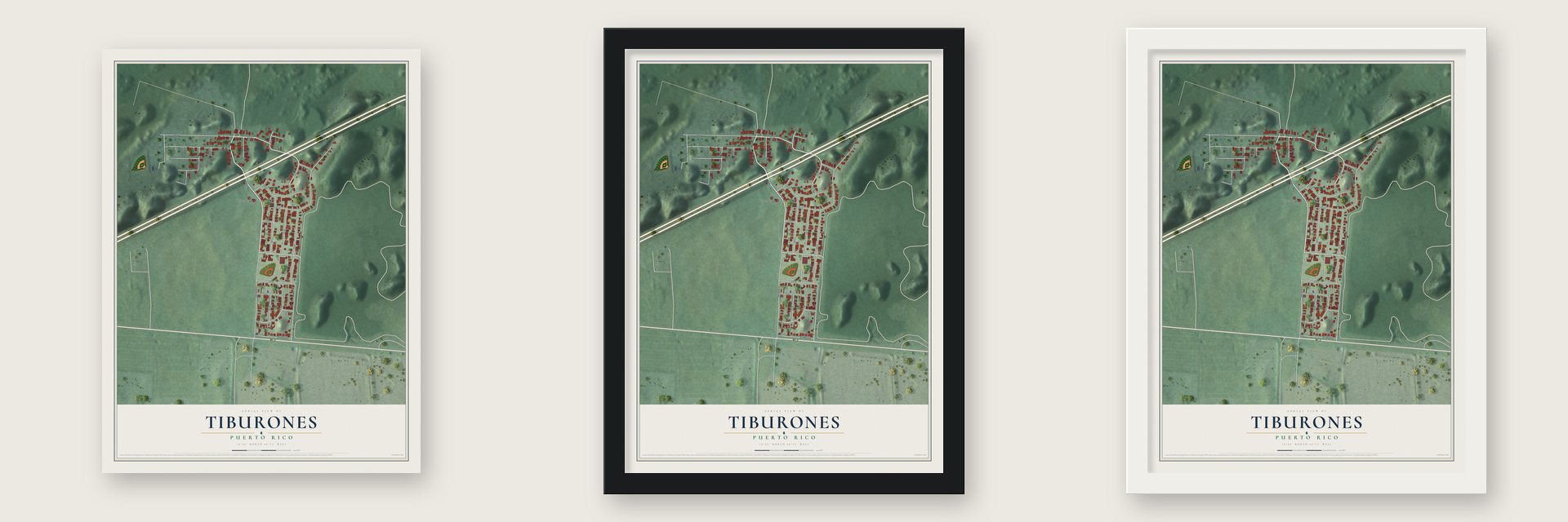 Tiburones, Puerto Rico map unframed, in a black wood frame and in a white wood frame