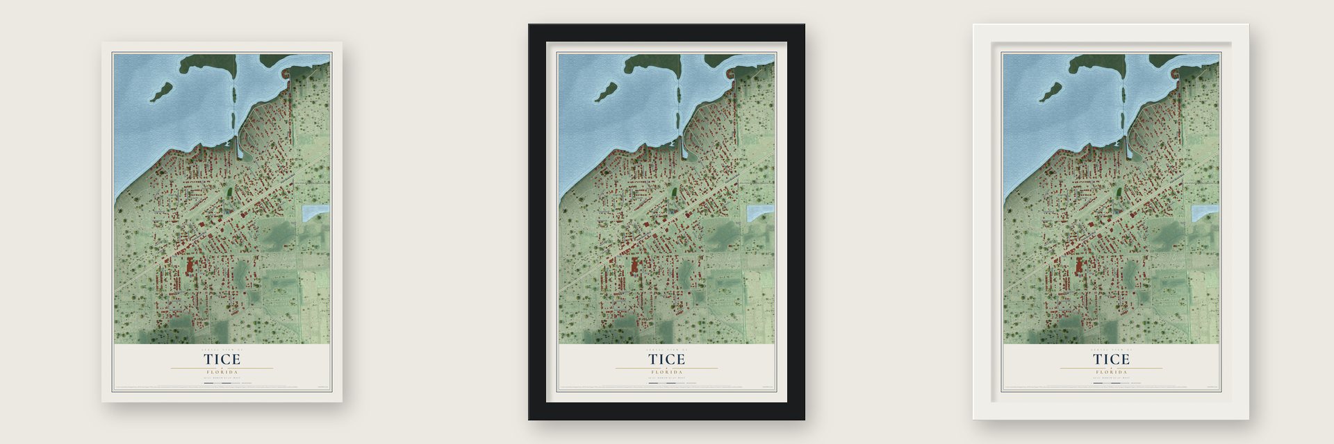 Tice, Florida map unframed, in a black wood frame and in a white wood frame