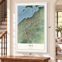 Tice, Florida map, 24 x 36 inch print in a white frame by a staircase