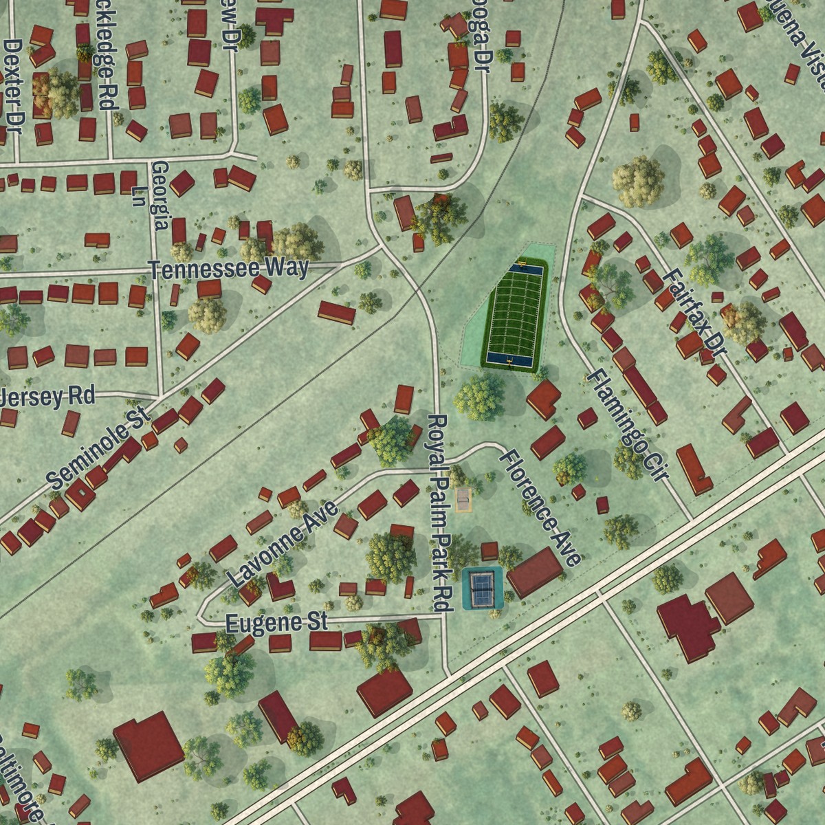 Second close-up of the map of Tice, Florida print showing more streets and buildings