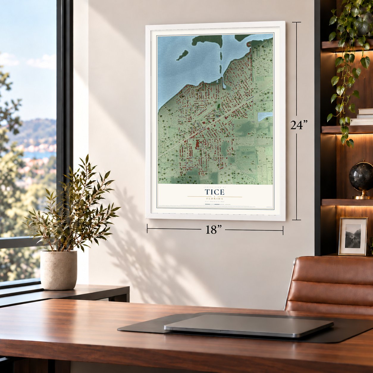 Tice, Florida map, 18 x 24 inch print in a white frame in a home office
