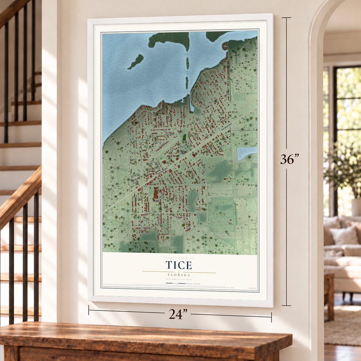 Tice, Florida map, 24 x 36 inch print in a white frame by a staircase