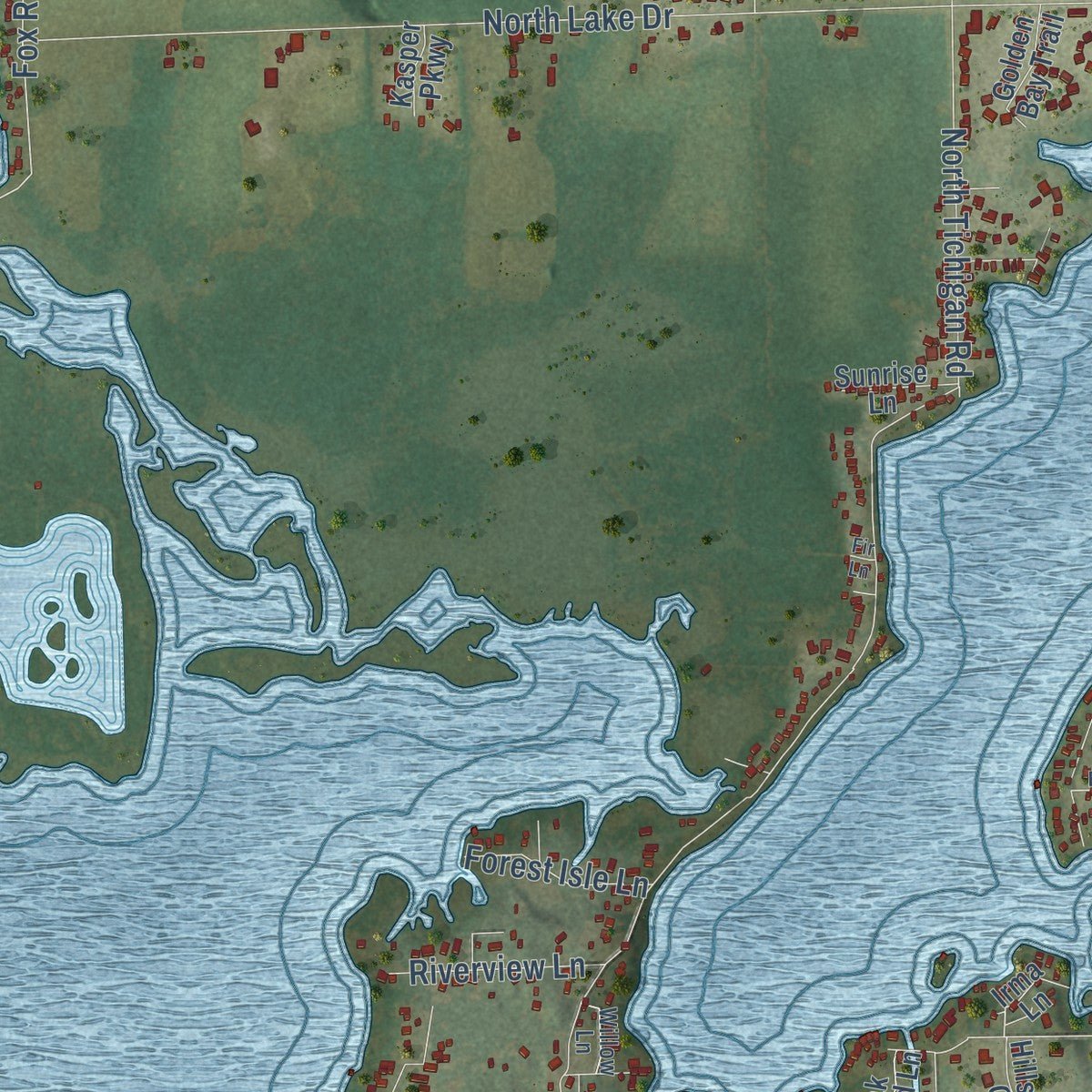 Second close-up of the map of Tichigan, Wisconsin print showing more streets and buildings