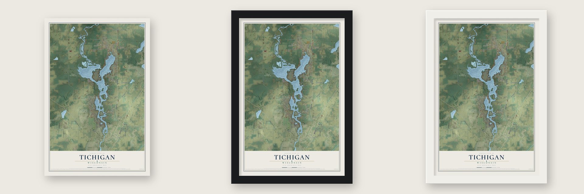 Tichigan, Wisconsin map unframed, in a black wood frame and in a white wood frame