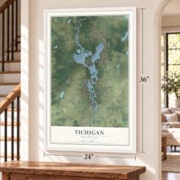 Tichigan, Wisconsin map, 24 x 36 inch print in a white frame by a staircase