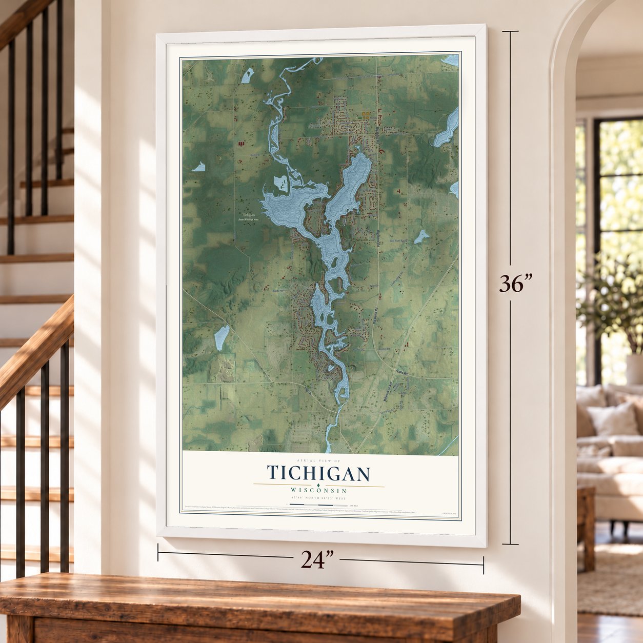 Tichigan, Wisconsin map, 24 x 36 inch print in a white frame by a staircase