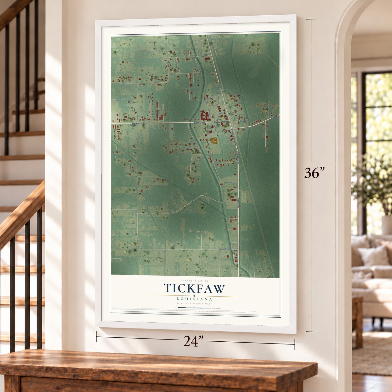 Tickfaw, Louisiana map, 24 x 36 inch print in a white frame by a staircase