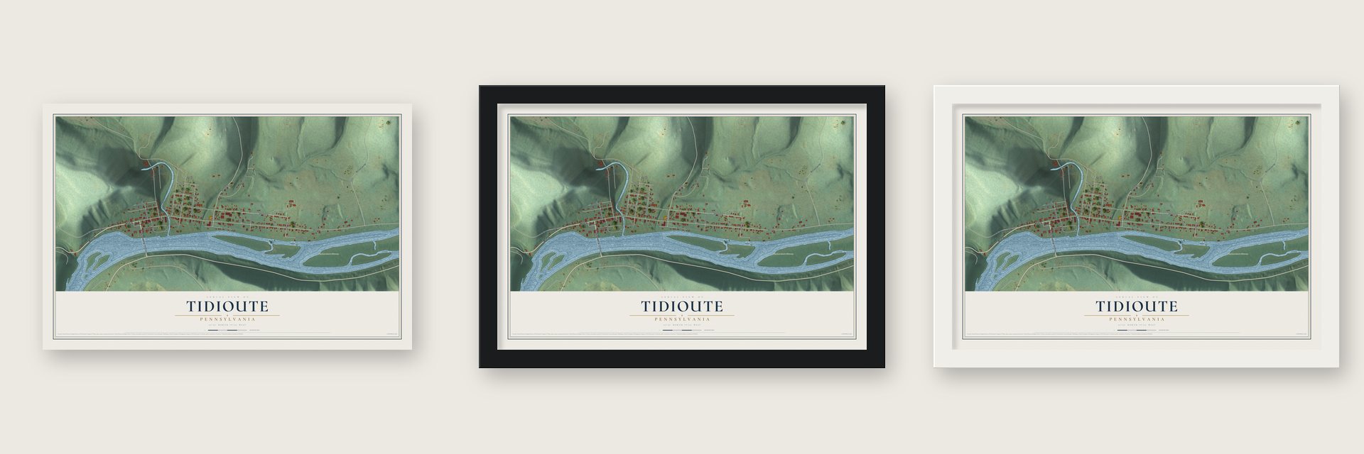 Tidioute, Pennsylvania map unframed, in a black wood frame and in a white wood frame