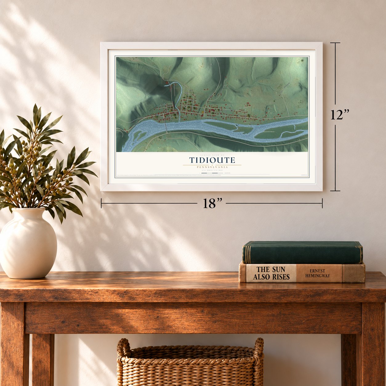 Tidioute, Pennsylvania map, 12 x 18 inch print in a white frame in an entryway