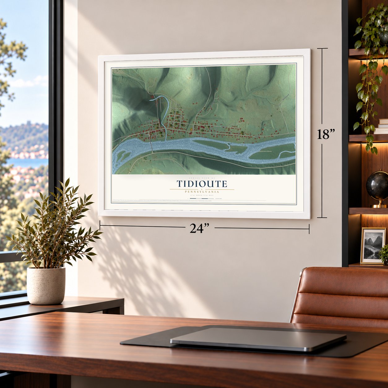 Tidioute, Pennsylvania map, 18 x 24 inch print in a white frame in a home office