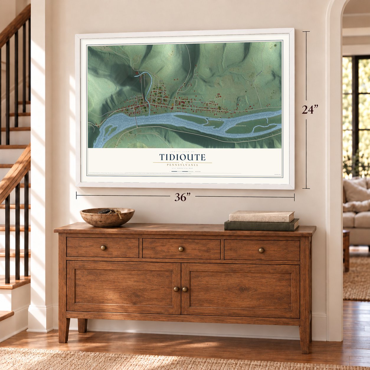 Tidioute, Pennsylvania map, 24 x 36 inch print in a white frame above a dresser by a staircase