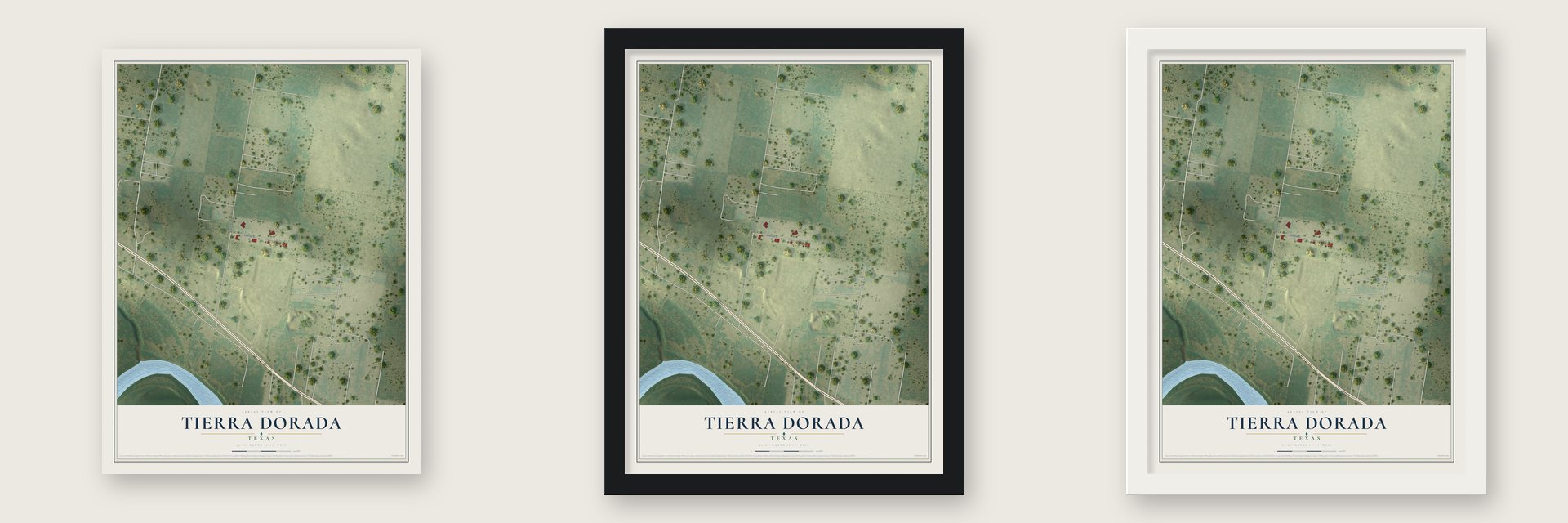 Tierra Dorada, Texas map unframed, in a black wood frame and in a white wood frame
