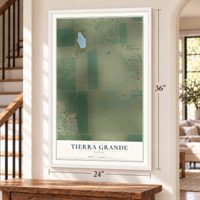 Tierra Grande, Texas map, 24 x 36 inch print in a white frame by a staircase