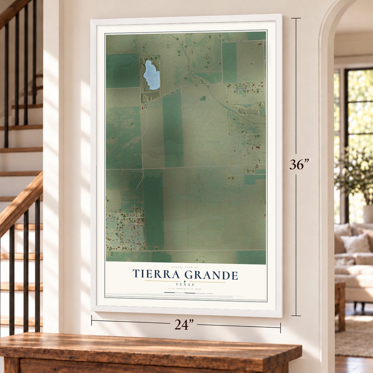Tierra Grande, Texas map, 24 x 36 inch print in a white frame by a staircase