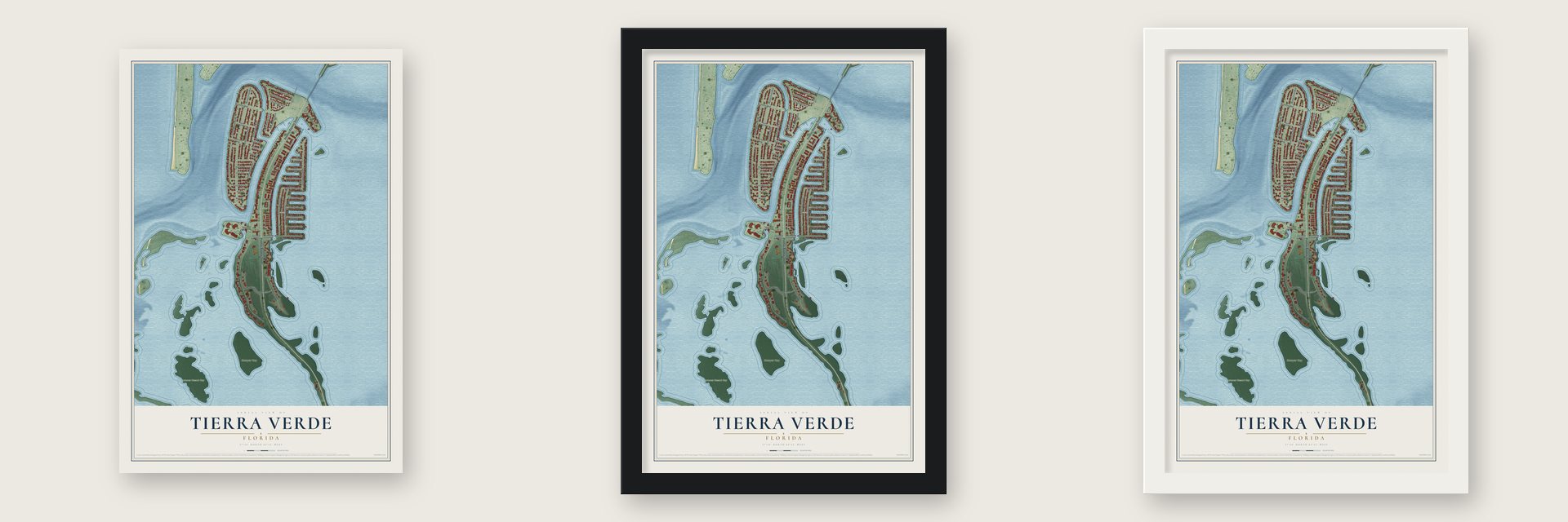 Tierra Verde, Florida map unframed, in a black wood frame and in a white wood frame