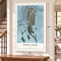 Tierra Verde, Florida map, 24 x 36 inch print in a white frame by a staircase