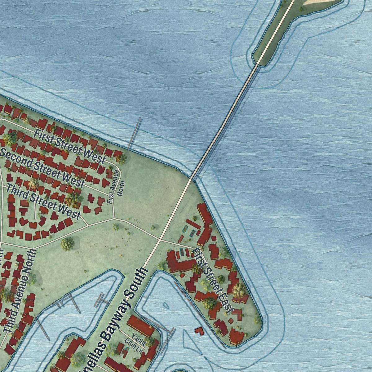 Second close-up of the map of Tierra Verde, Florida print showing more streets and buildings