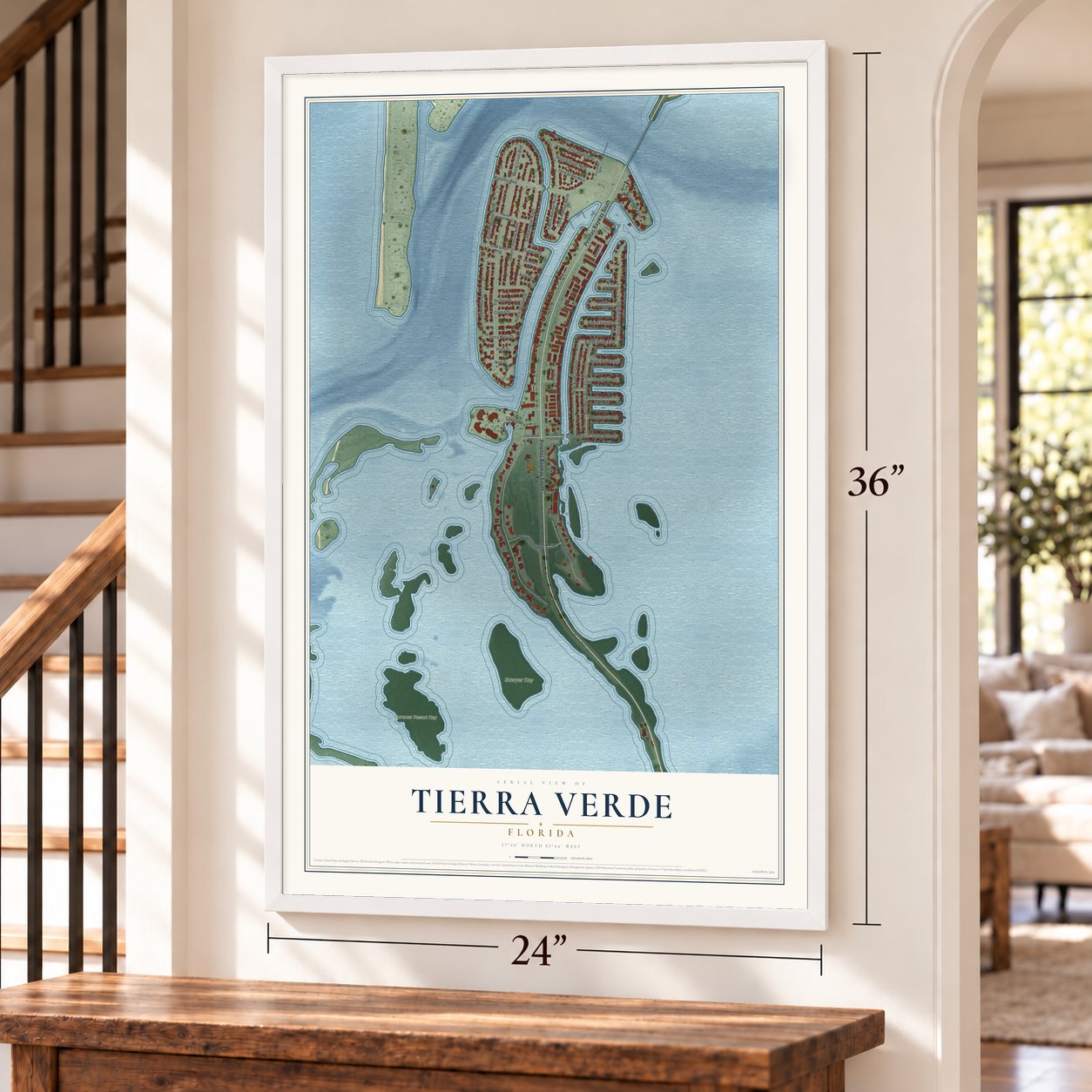 Tierra Verde, Florida map, 24 x 36 inch print in a white frame by a staircase