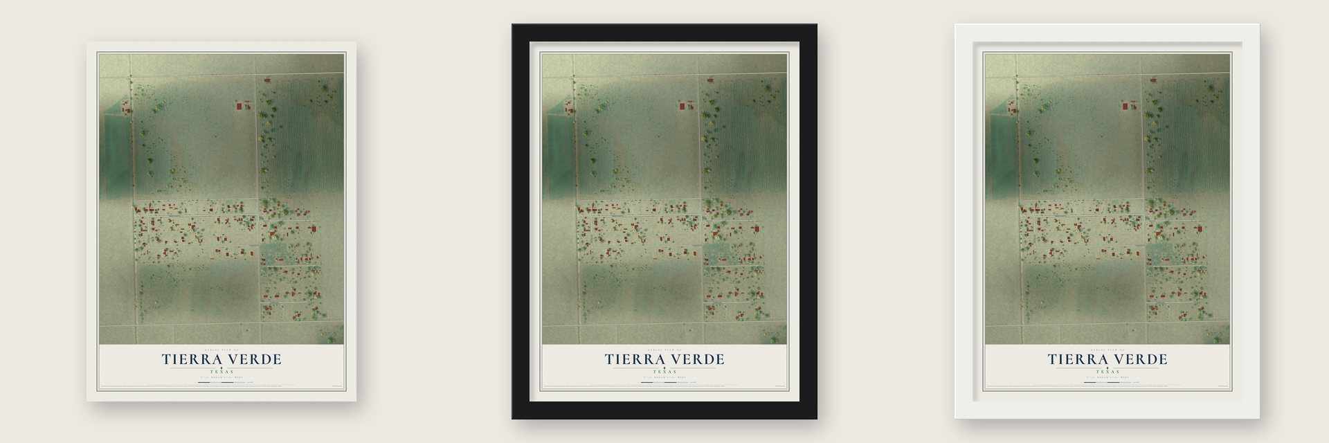 Tierra Verde, Texas map unframed, in a black wood frame and in a white wood frame