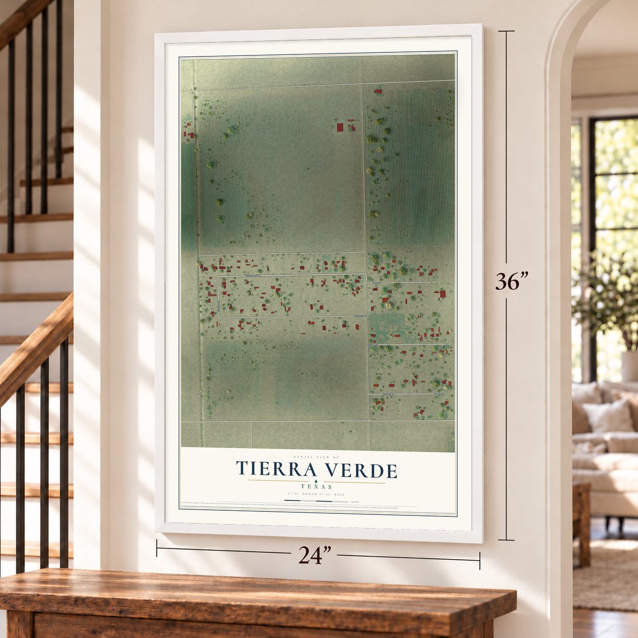 Tierra Verde, Texas map, 24 x 36 inch print in a white frame by a staircase
