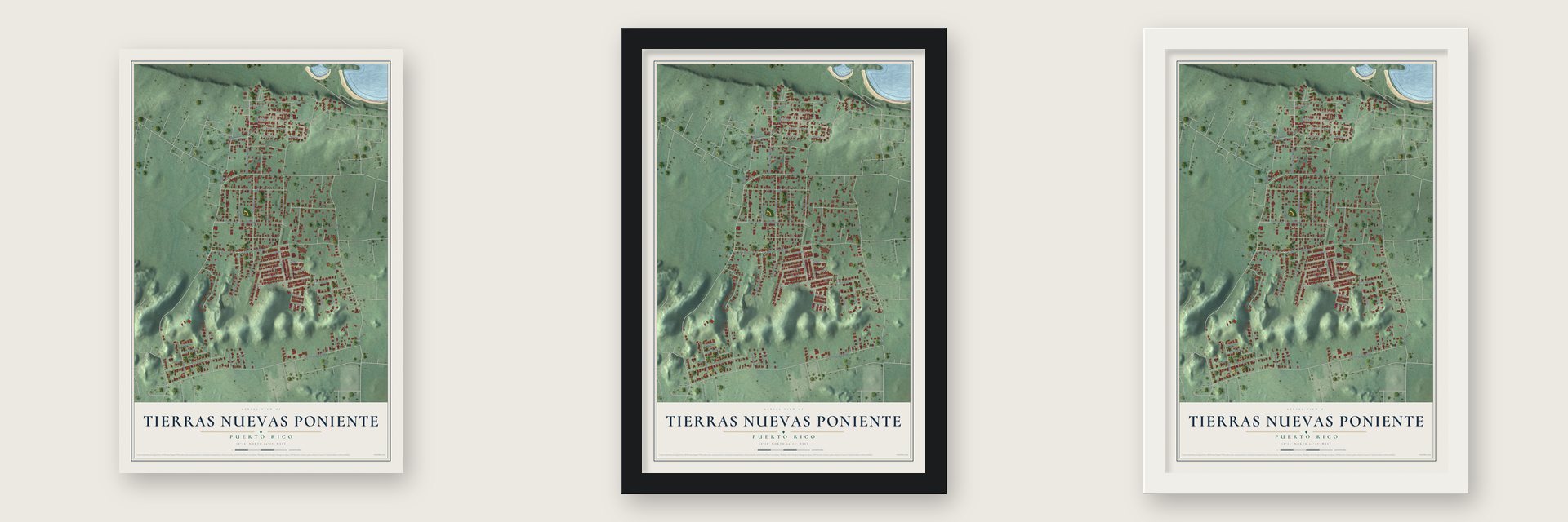 Tierras Nuevas Poniente, Puerto Rico map unframed, in a black wood frame and in a white wood frame