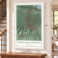 Tierras Nuevas Poniente, Puerto Rico map, 24 x 36 inch print in a white frame by a staircase
