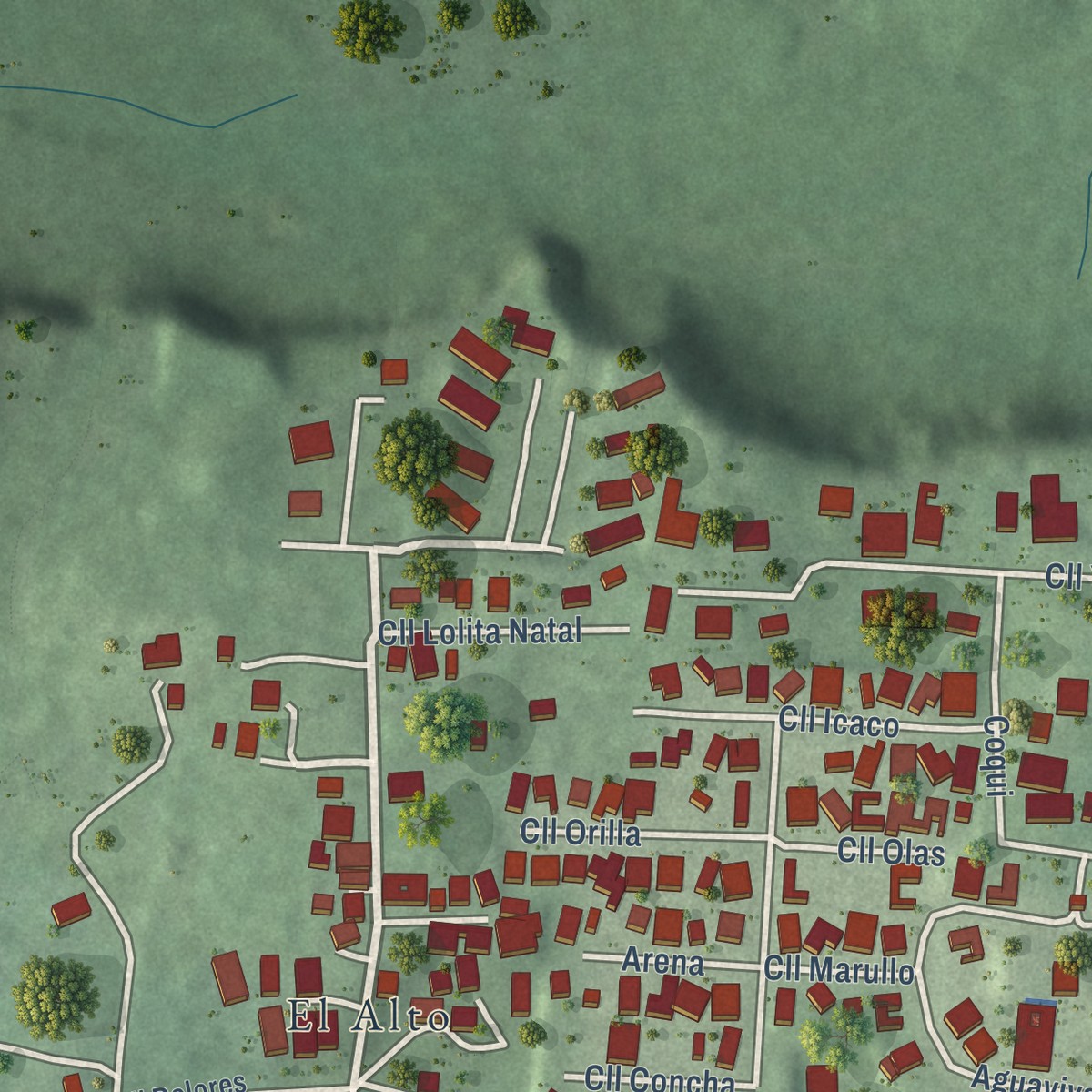 Second close-up of the map of Tierras Nuevas Poniente, Puerto Rico print showing more streets and buildings