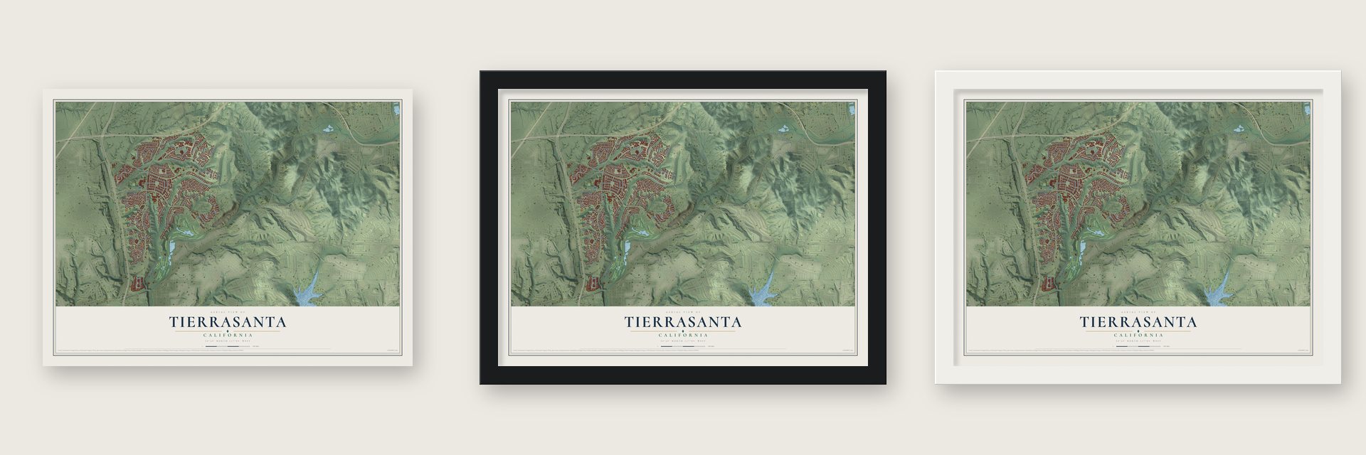 Tierrasanta, California map unframed, in a black wood frame and in a white wood frame