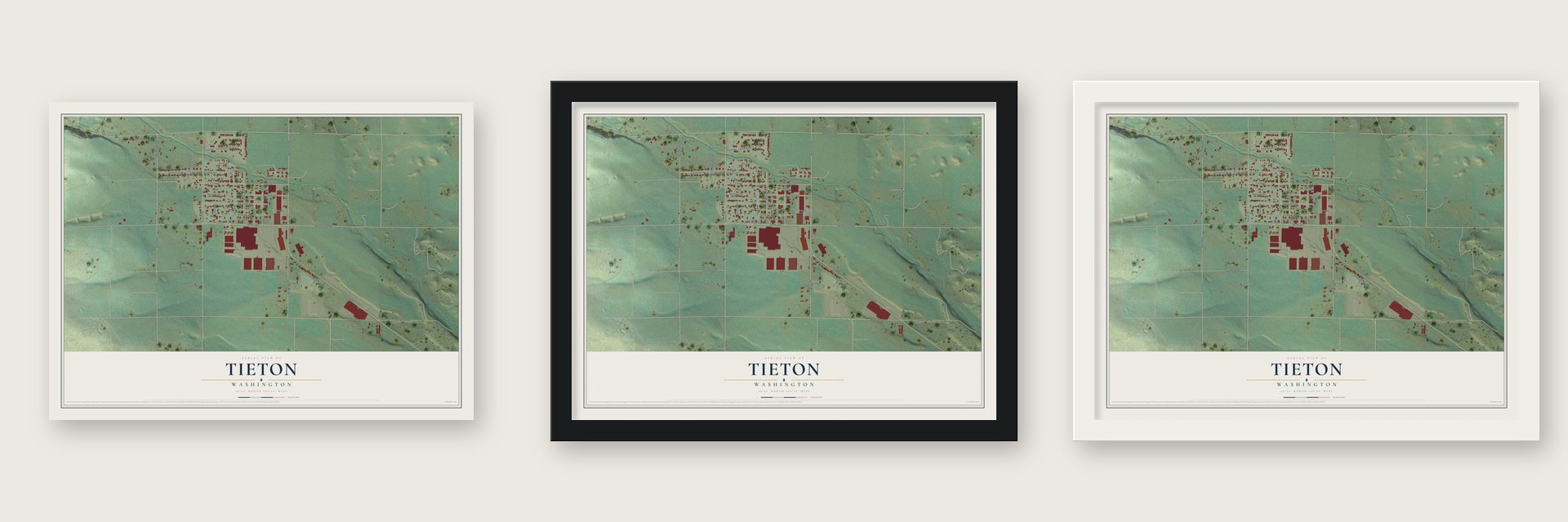 Tieton, Washington map unframed, in a black wood frame and in a white wood frame