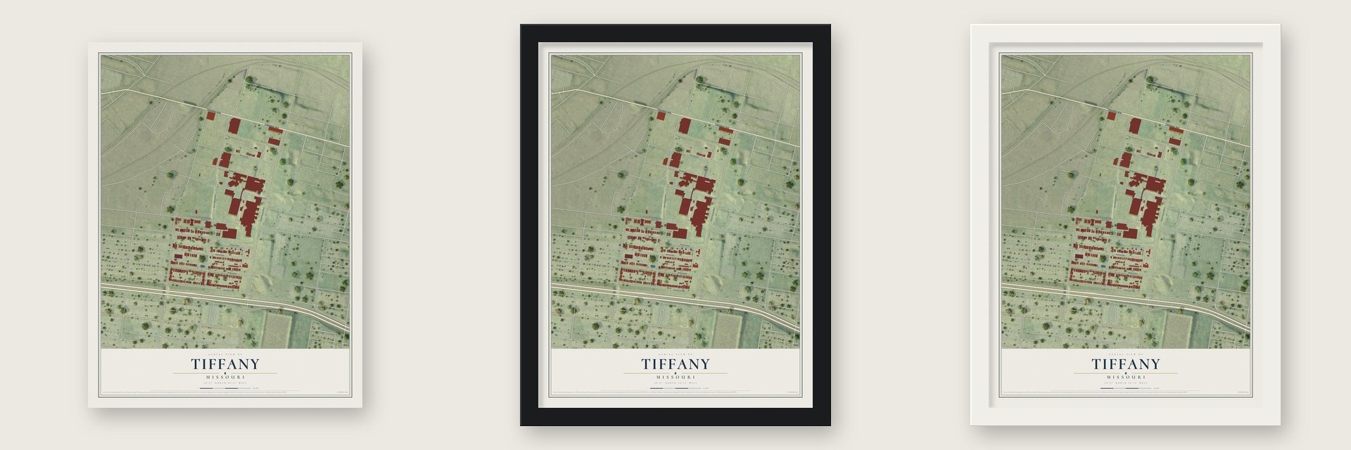 Tiffany, Missouri map unframed, in a black wood frame and in a white wood frame