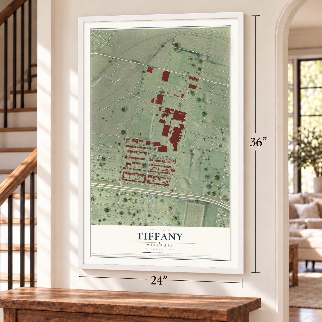 Tiffany, Missouri map, 24 x 36 inch print in a white frame by a staircase