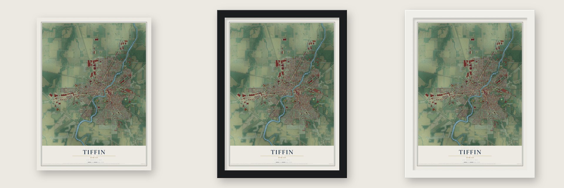 Tiffin, Ohio map unframed, in a black wood frame and in a white wood frame