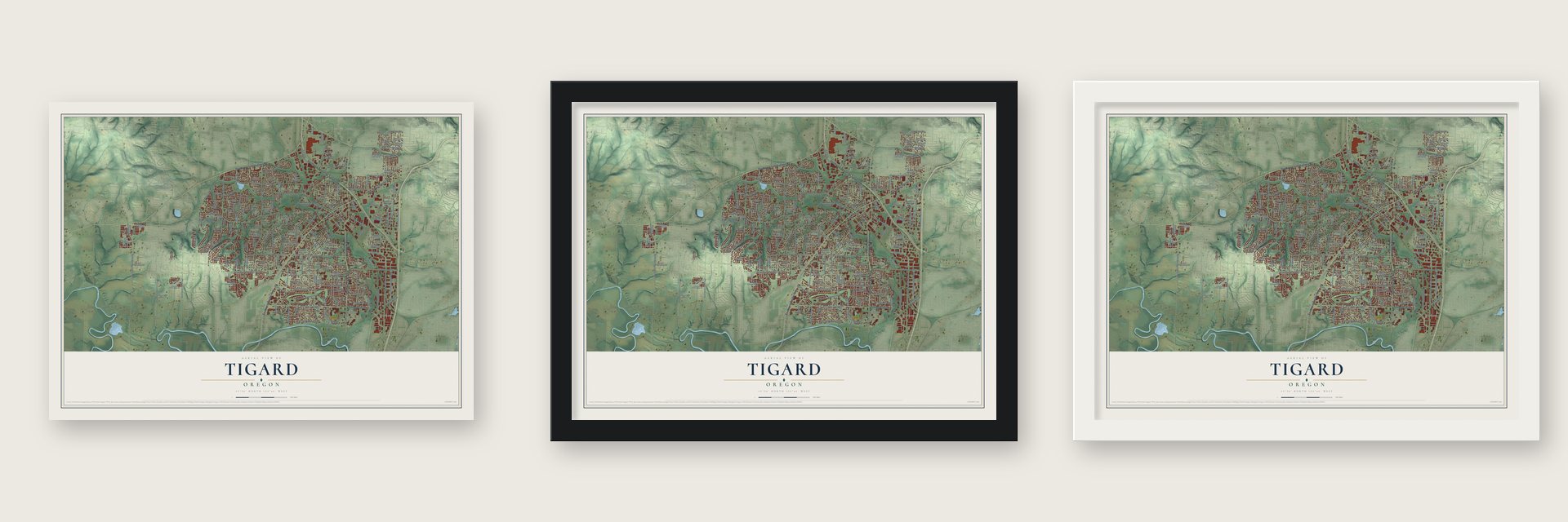 Tigard, Oregon map unframed, in a black wood frame and in a white wood frame