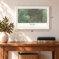 Tigard, Oregon map, 12 x 18 inch print in a white frame in an entryway