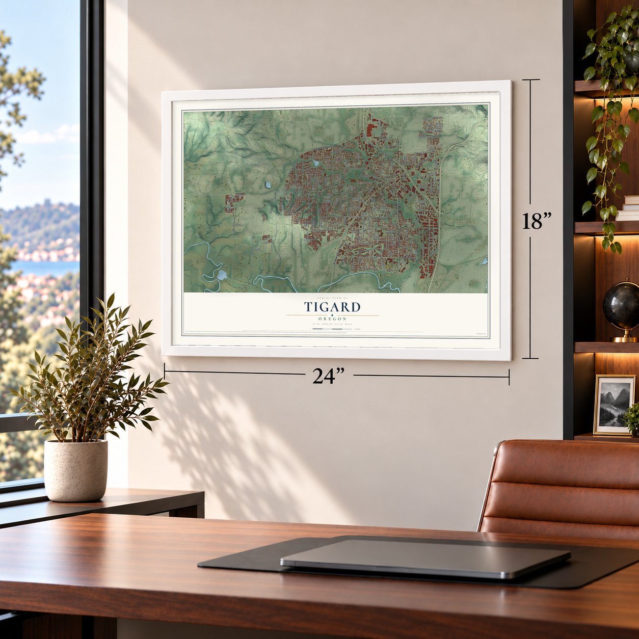 Tigard, Oregon map, 18 x 24 inch print in a white frame in a home office