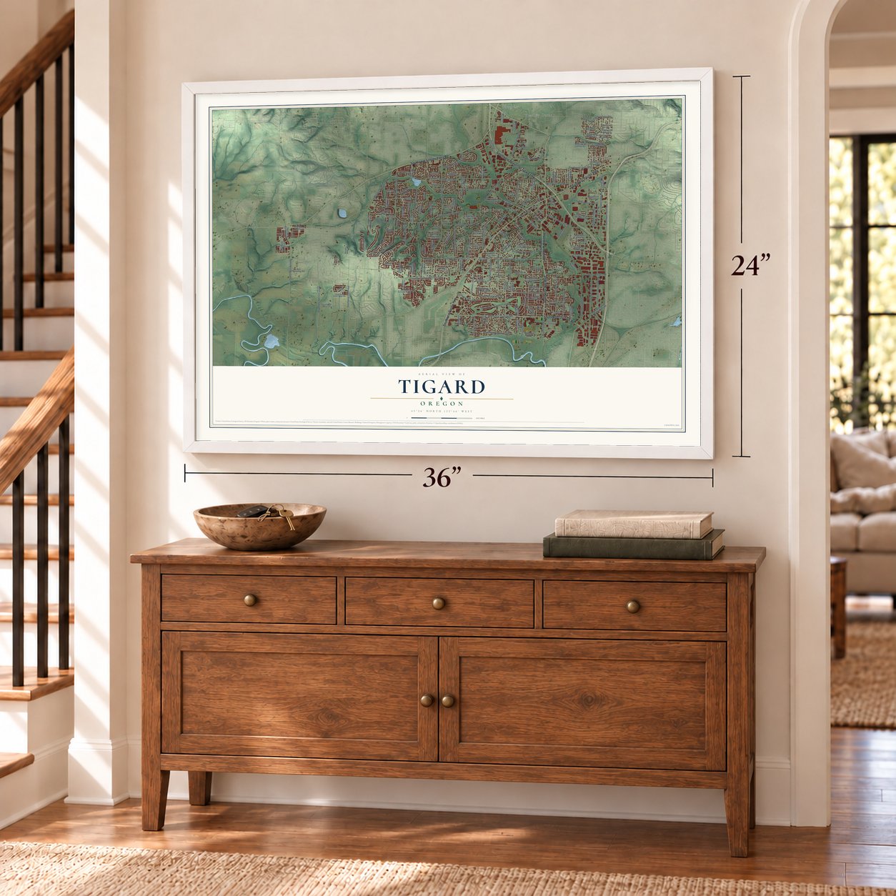 Tigard, Oregon map, 24 x 36 inch print in a white frame above a dresser by a staircase