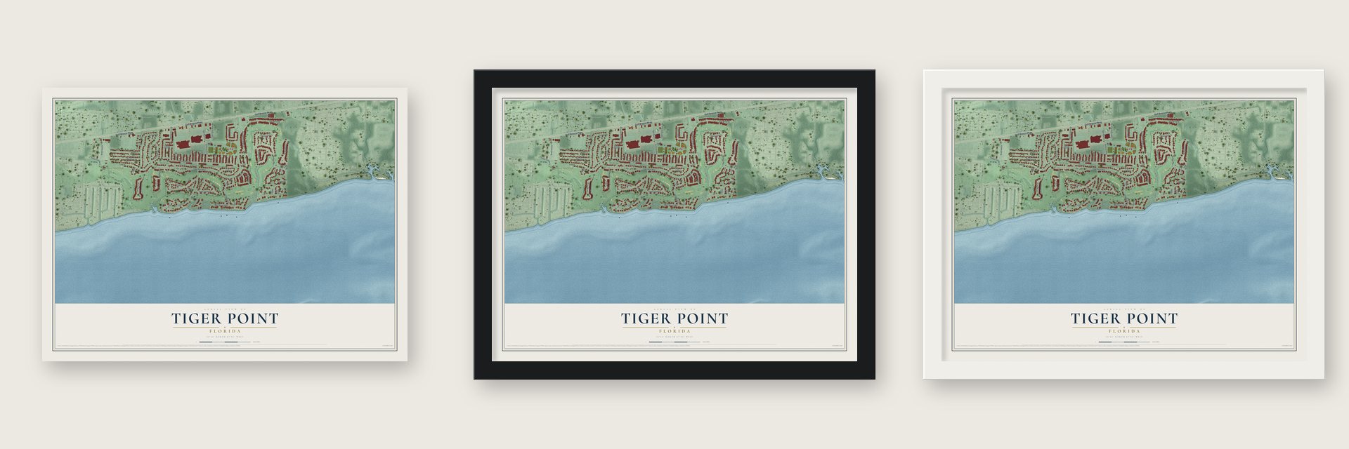Tiger Point, Florida map unframed, in a black wood frame and in a white wood frame