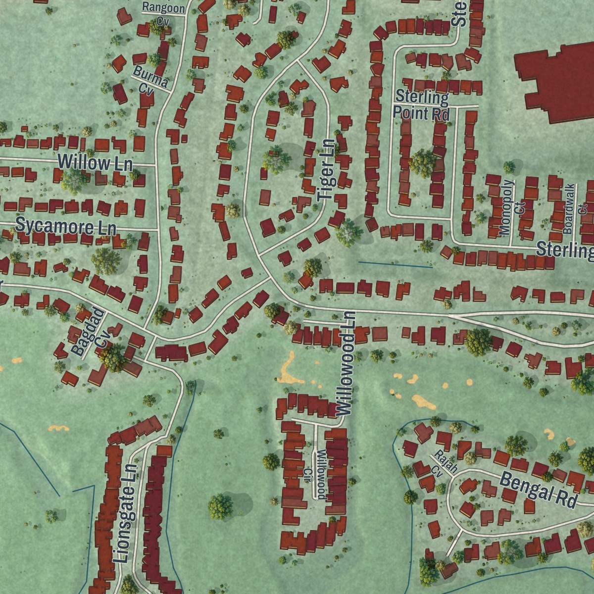 Second close-up of the map of Tiger Point, Florida print showing more streets and buildings