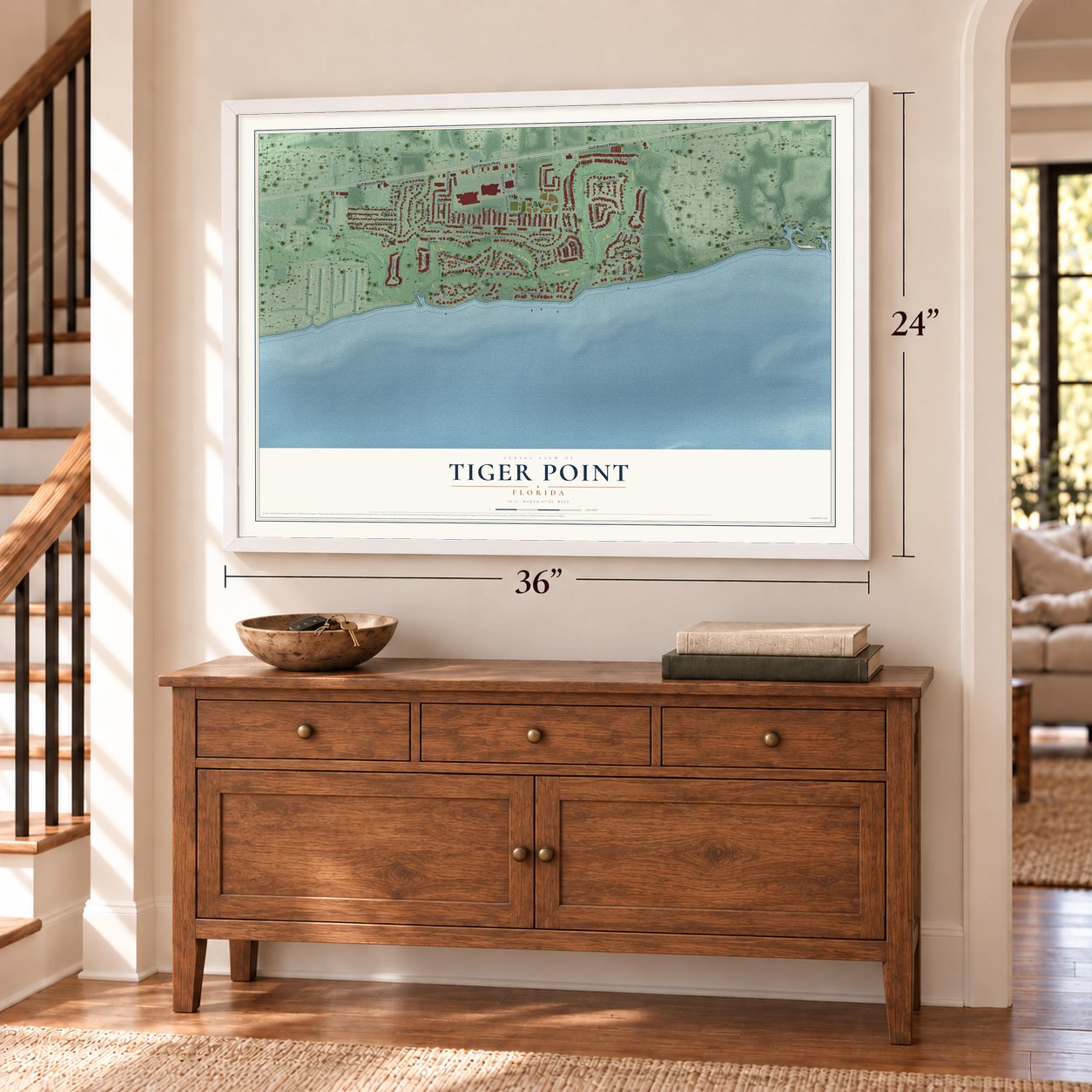 Tiger Point, Florida map, 24 x 36 inch print in a white frame above a dresser by a staircase