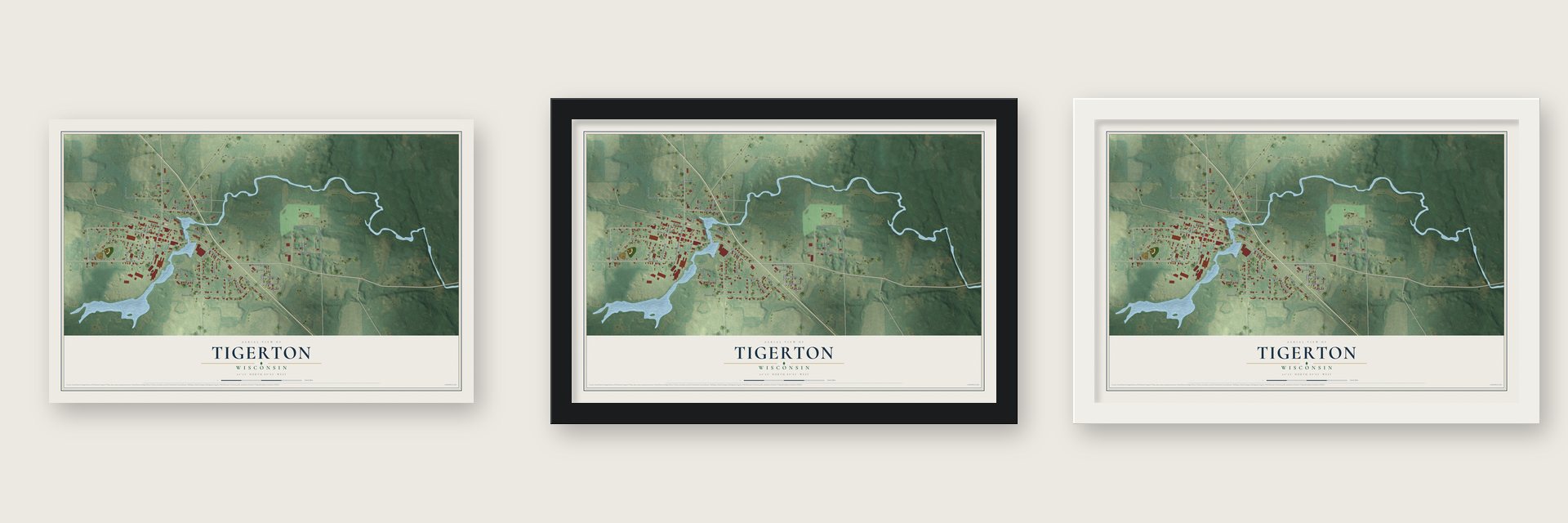 Tigerton, Wisconsin map unframed, in a black wood frame and in a white wood frame
