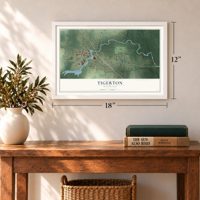Tigerton, Wisconsin map, 12 x 18 inch print in a white frame in an entryway