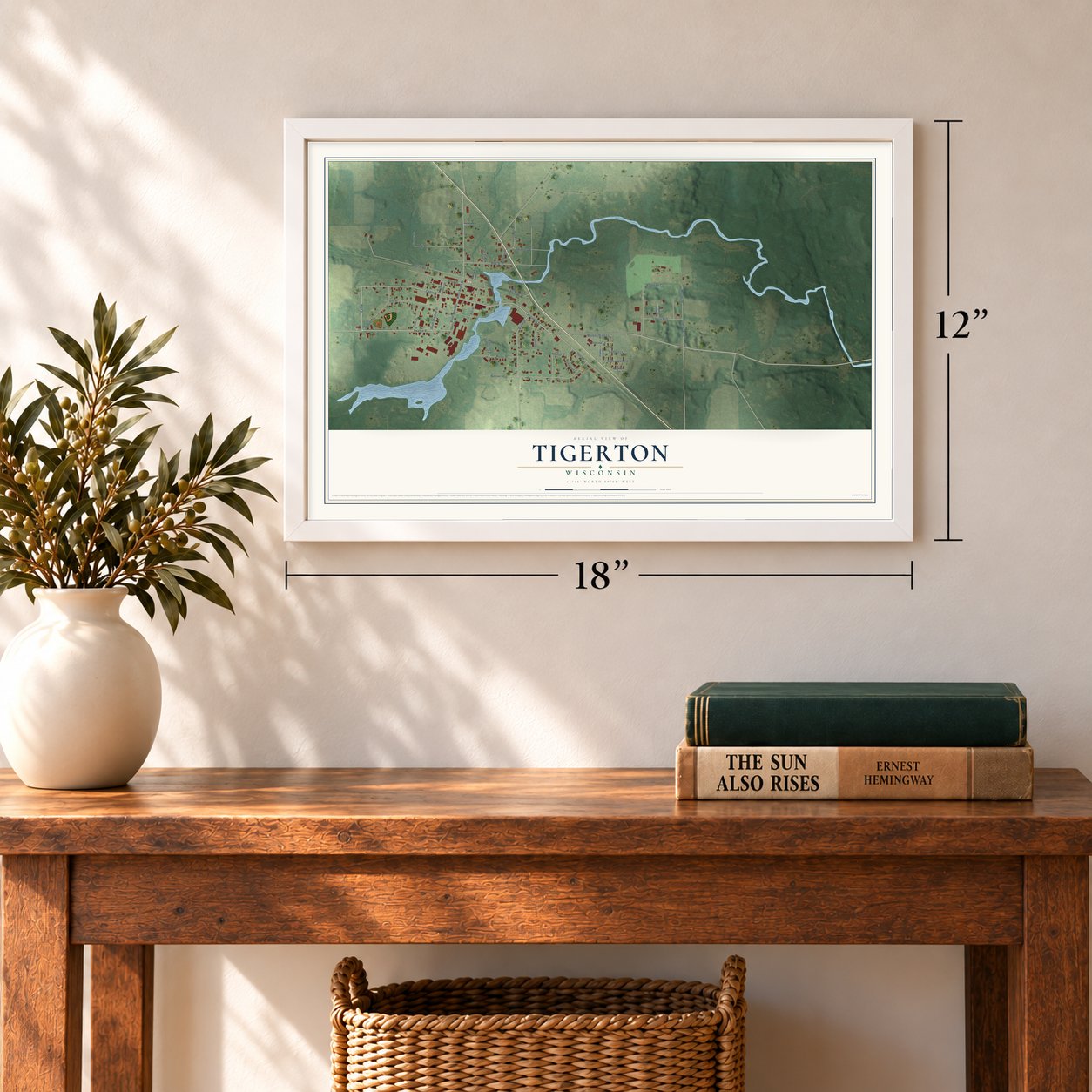 Tigerton, Wisconsin map, 12 x 18 inch print in a white frame in an entryway