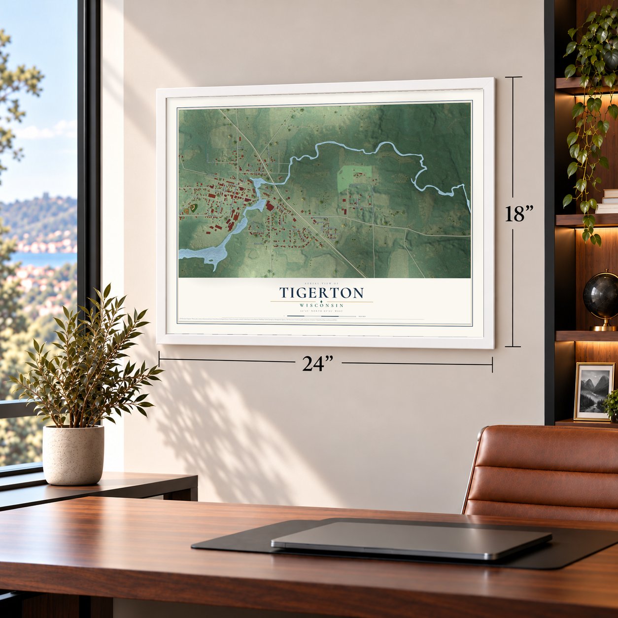 Tigerton, Wisconsin map, 18 x 24 inch print in a white frame in a home office