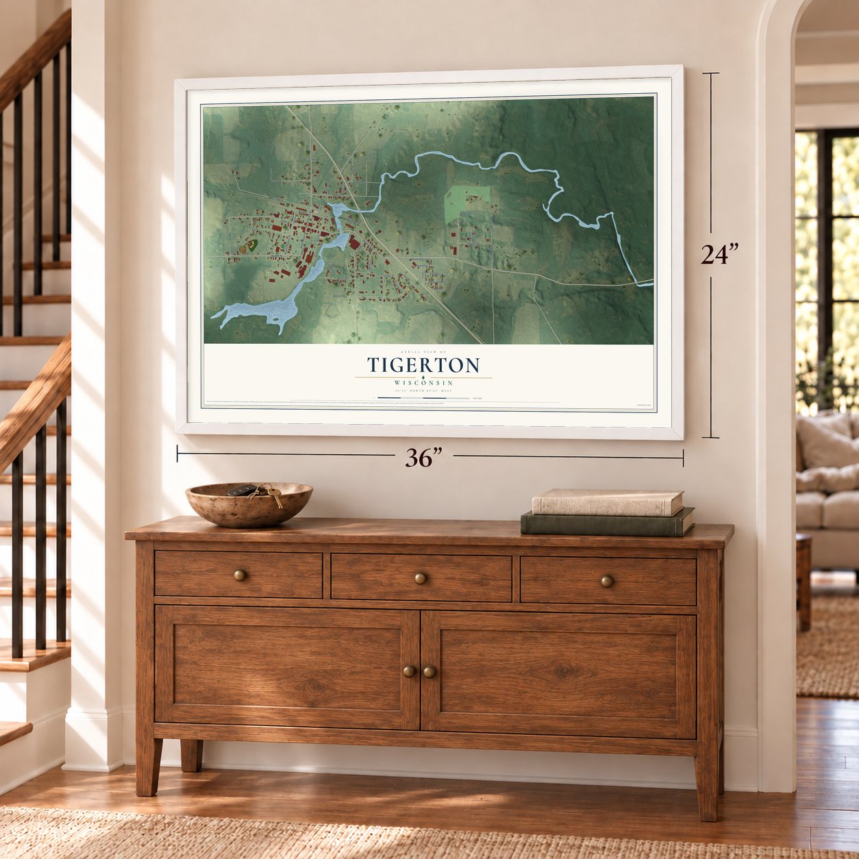 Tigerton, Wisconsin map, 24 x 36 inch print in a white frame above a dresser by a staircase